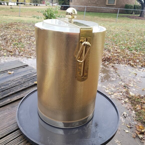 MCM Vintage George Briard Gold 11" Champagne Ice Bucket Metal Handle Lucite Lid - Picture 2 of 16
